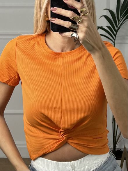 Ribbed Knot Shortsleeves Top/Orange