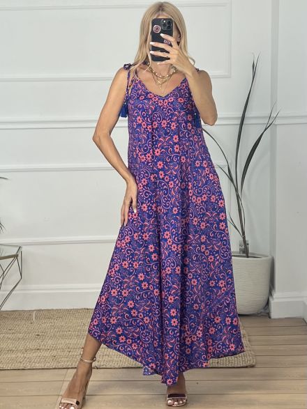 Satin Boho Dress-4008 A/Fucsia-Blue