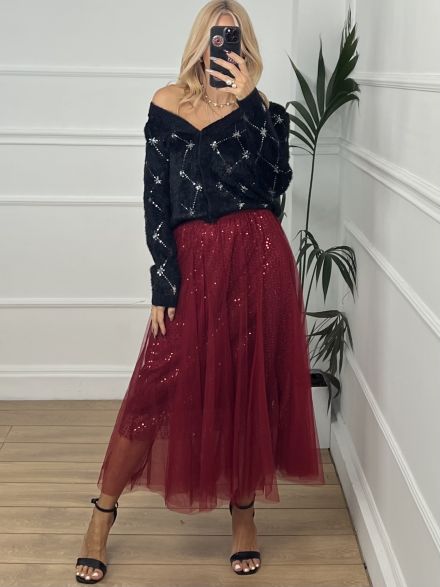 Tulle Sequin Skirt/Burgundy