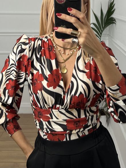 Elastic Bodysuit/Red Floral