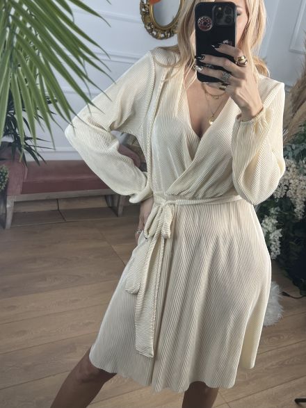 Pleated Satin Dress/Beige