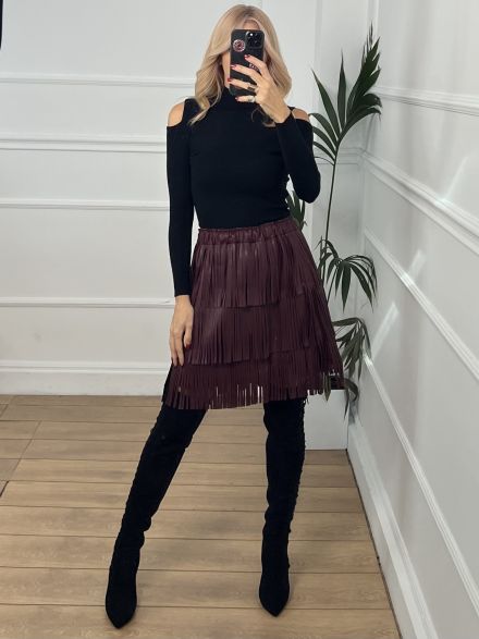 Fringe Leather Mini Skirt/Burgundy