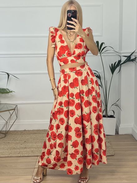 Backless Set Skirt/Beige-Red