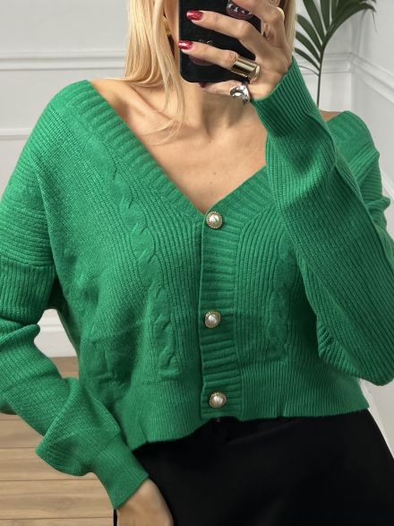 Plaid Cropped Cardigan/Green