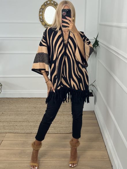 Fringe Zebra Cardigan/Beige