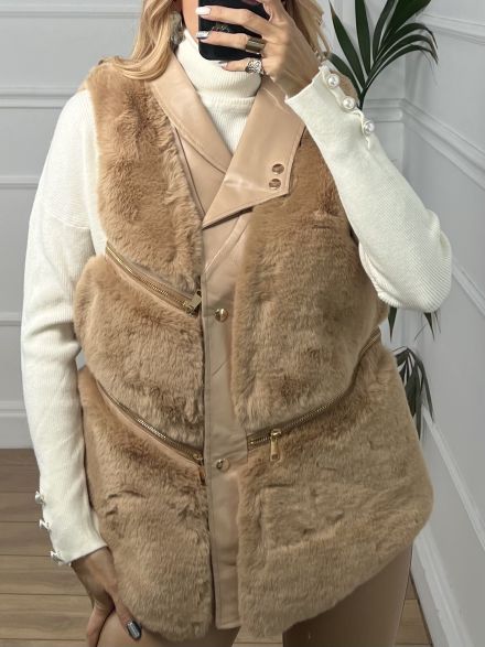 Fur Leather Zippers Vest/Camel