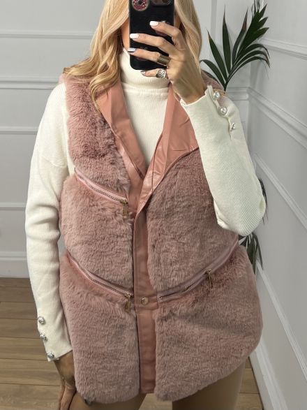 Fur Leather Zippers Vest/Pink