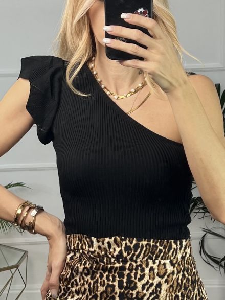 Knitted Ruffles Top One Shoulder/Black