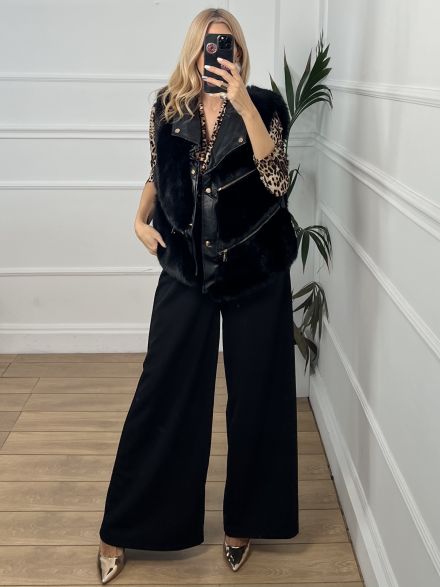 Fur Leather Zippers Vest-2/Black