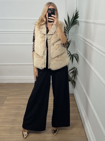 Fur Leather Zippers Vest-2/Beige