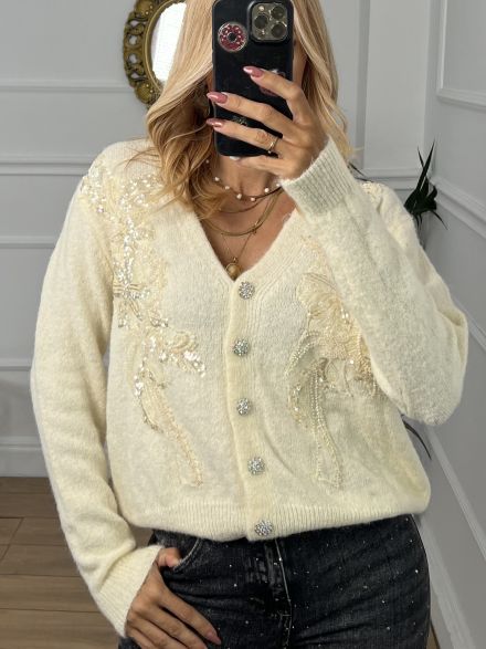 Sequin Flower Cardigan/Vanilla