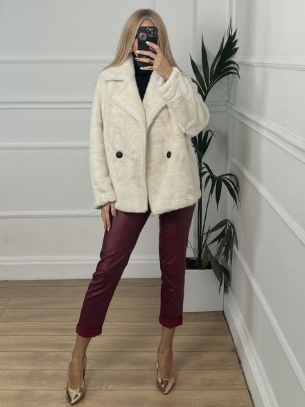 Double Button Short Fur Coat-1900/Ecru