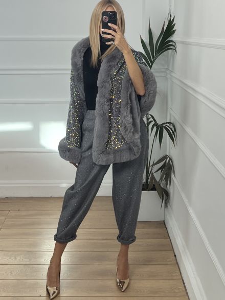 Sequins Fur Stole/Grey