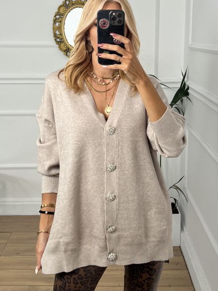 Long Rhinestone Buttons Cardigan/Beige