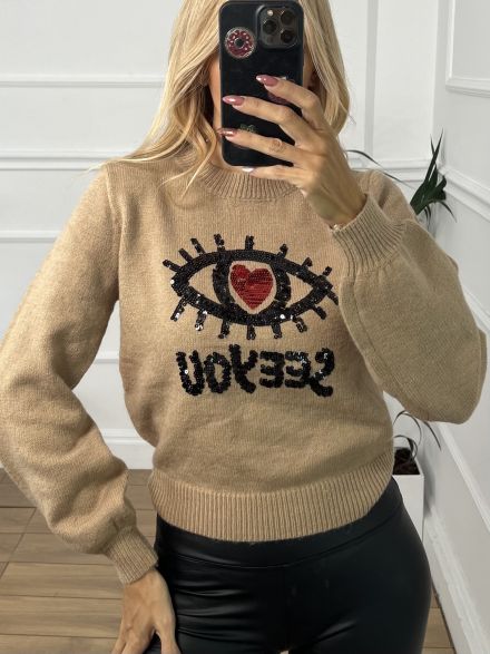 Eye Cropped Sweater/Beige
