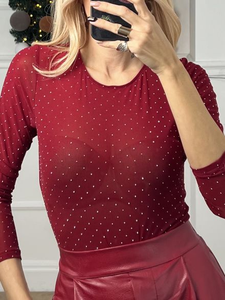 C-Through Strass Bodysuit/Burgundy
