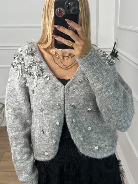 Sequin Pearls Cardigan/Grey