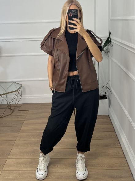 Short Sleeves Leather Jacket/Chocolat