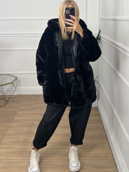 Hooded Fur Coat-LONDON/Black