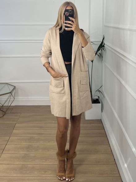 Pocket Button Hooded Cardigan/Beige