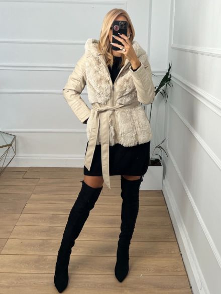 Fur Leather Jacket 2019-3/Beige