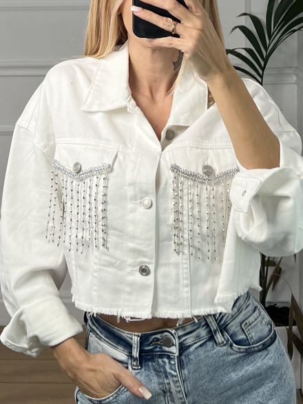 Fringe Cropped Denim Jacket/White