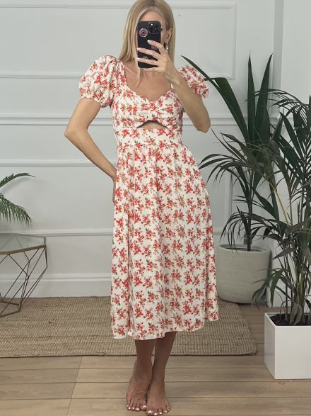 Puff Sleeve Dress/Floral Red-White