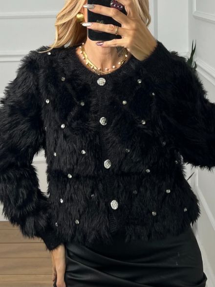 Rhinestone Quilted Cardigan/Black