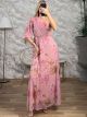 OneShoulder Muslin SilverThread Maxi Dress/Pink