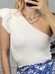 Knitted Ruffles Top One Shoulder/White
