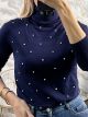 Strass TurtleNeck Top-505/Navy Blue