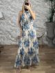 Muslin Floral SilverThread HalterNeck Maxi Dress/Blue