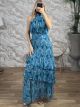 HalterNeck GoldenThread Maxi Dress-6398/Petrol&Ciel