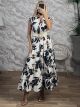 Semizie Floral Belt Maxi Dress-2568/Black&Chocolat