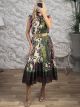 RuffledNeck Straw Belt Cotton Midi Dress-4396/Khaki