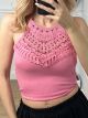 Ribbed Lace Halter Top/Pink