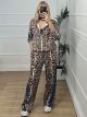 Leopard Zipper Denim Set/Beige