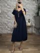 Necklace Shortsleeve Midi Dress-2615/Navy Blue