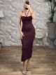Elastic Bead HalterNeck Midi Dress-47873/Burgundy