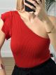 Knitted Ruffles Top One Shoulder/Red
