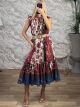 RuffledNeck Straw Belt Cotton Midi Dress-4396/Burgundy