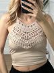 Ribbed Lace Halter Top/Beige