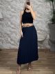 Pleated Straw Belt Maxi Skirt-30306/Navy Blue