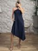 Asymmetrical GoldPin HalterNeck Midi Dress-19630/Navy Blue