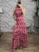 HalterNeck GoldenThread Maxi Dress-6398/Burgundy