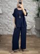 ShortSleeve Necklace Pants Set-3587/Navy Blue