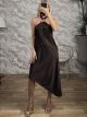 Asymmetrical GoldPin HalterNeck Midi Dress-19630/Chocolat