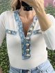 Rip Denim&Gold Buttons Top/White