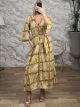 Silk Semizie GoldPrint Maxi Dress-567/Mustard
