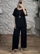 ShortSleeve Necklace Pants Set-3587/Black